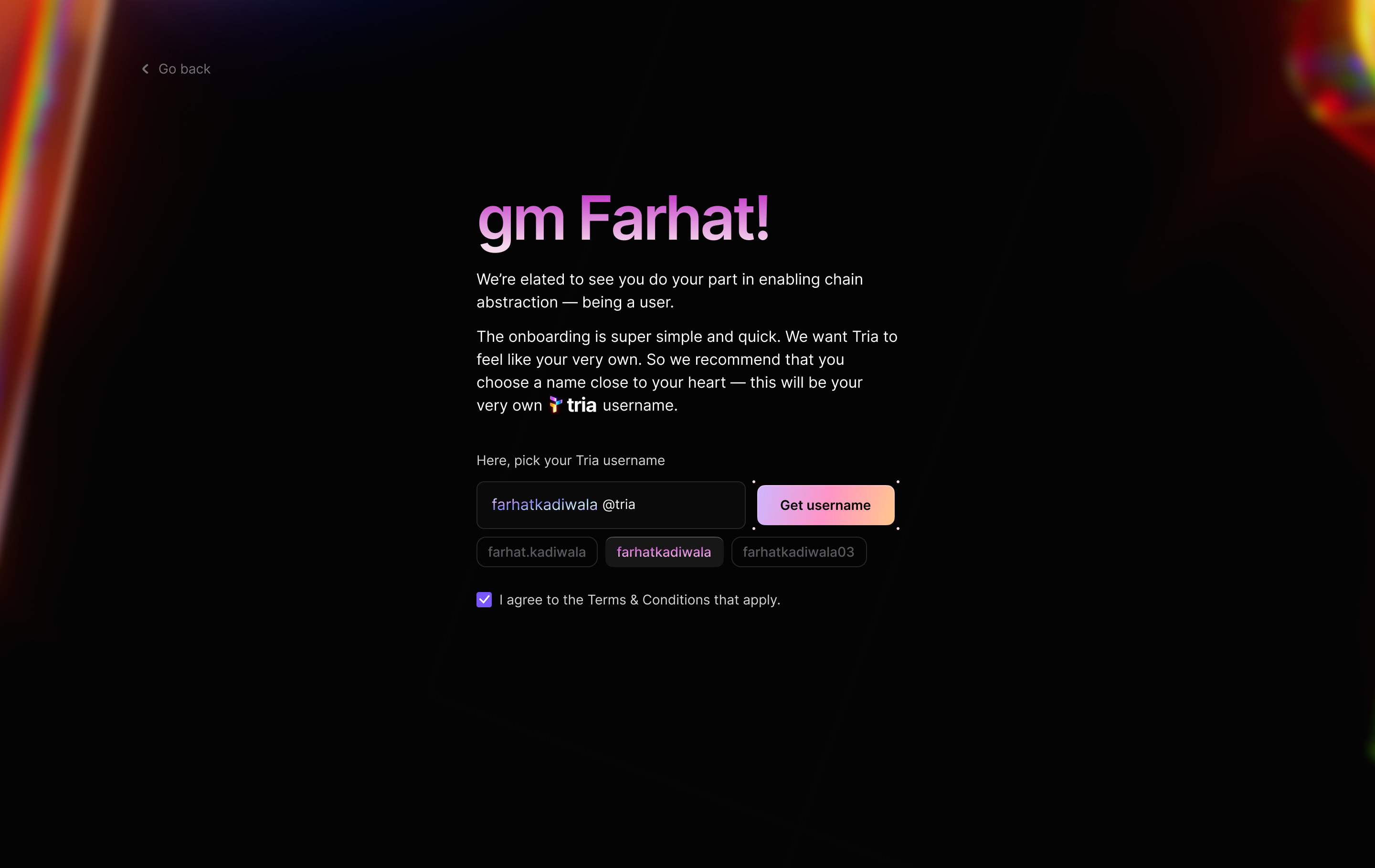 Tria — username selection onboarding