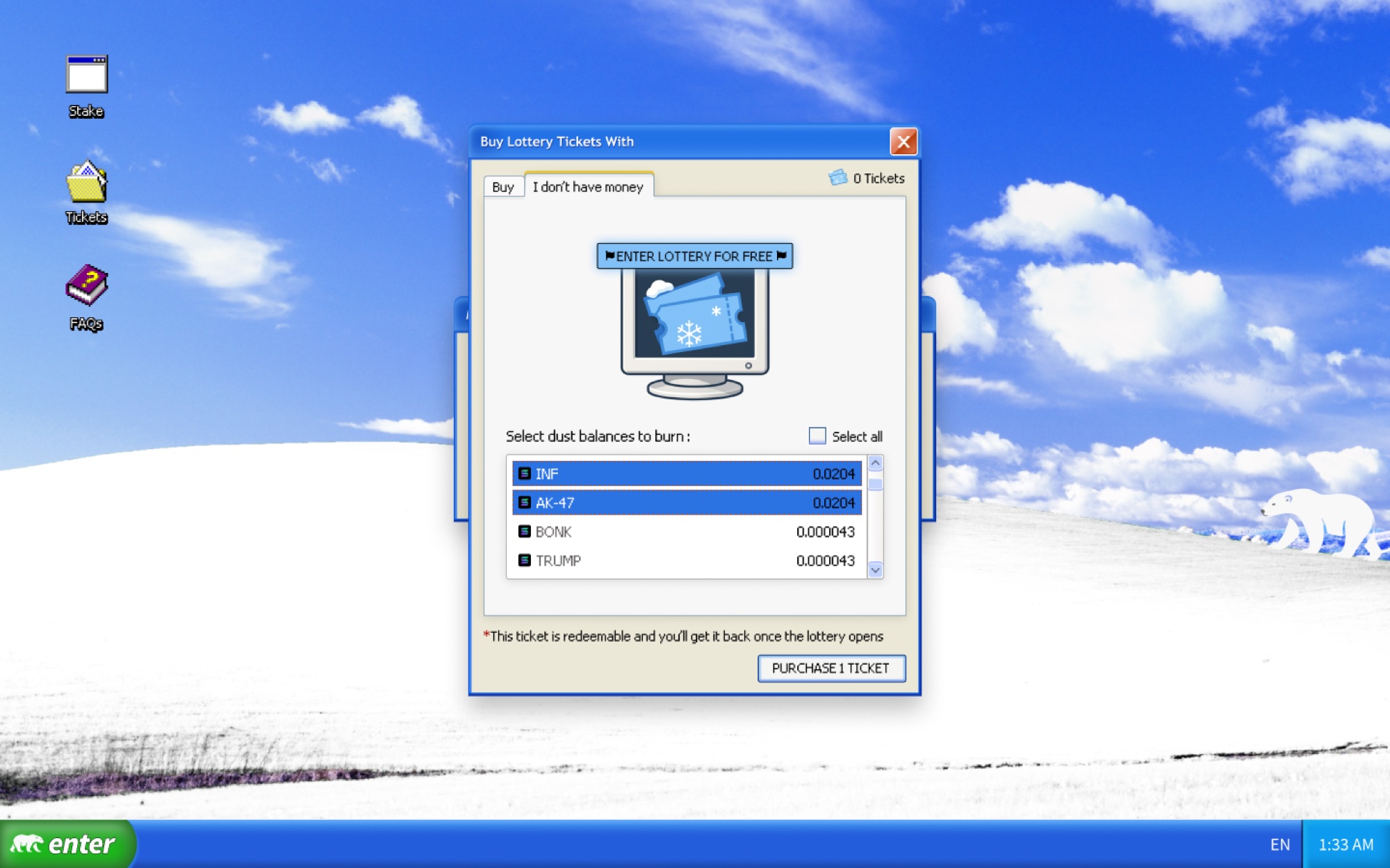 iSeeWin free ticket screen