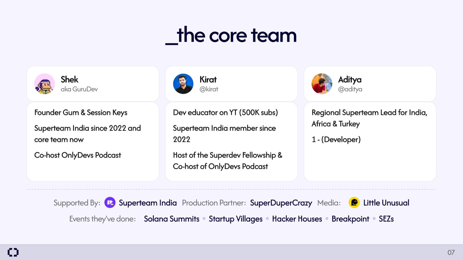 OnlyDevs sponsorship deck, the core team