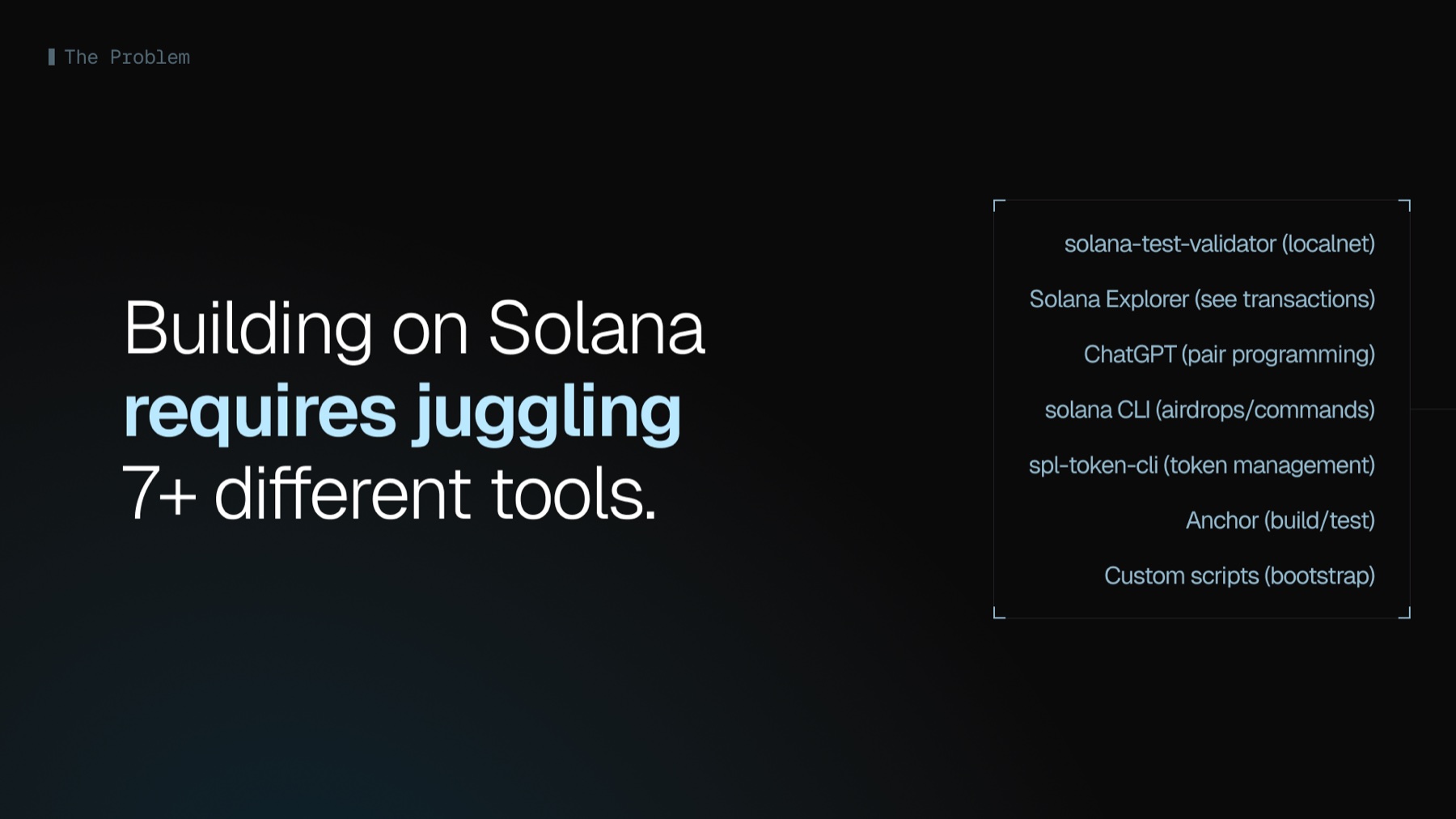 Solana dev-tools, The Problem slide